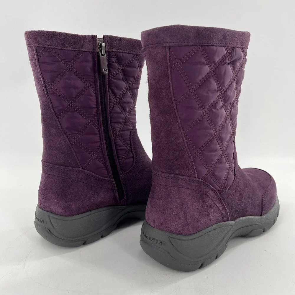 Lands End Snow Boots Suede Leather‎ Calf Womens 7 B Purple Quilted Fleece Lined
